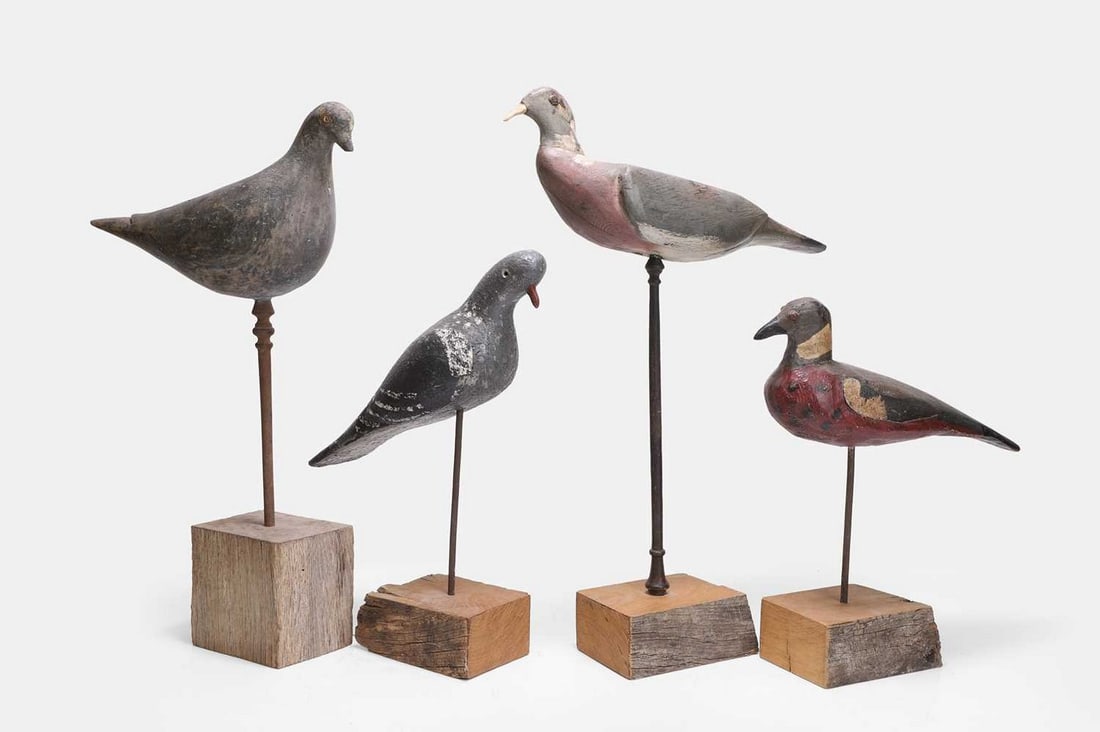 A flight of four wooden decoy pigeons, late 19th/early 20th century, (1 of 4)