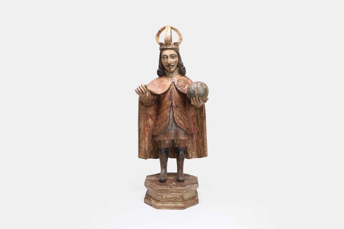 A carved wooden bust of a nobleman or ecclesiastical figure, dated 1728, Continental, (1 of 3)
