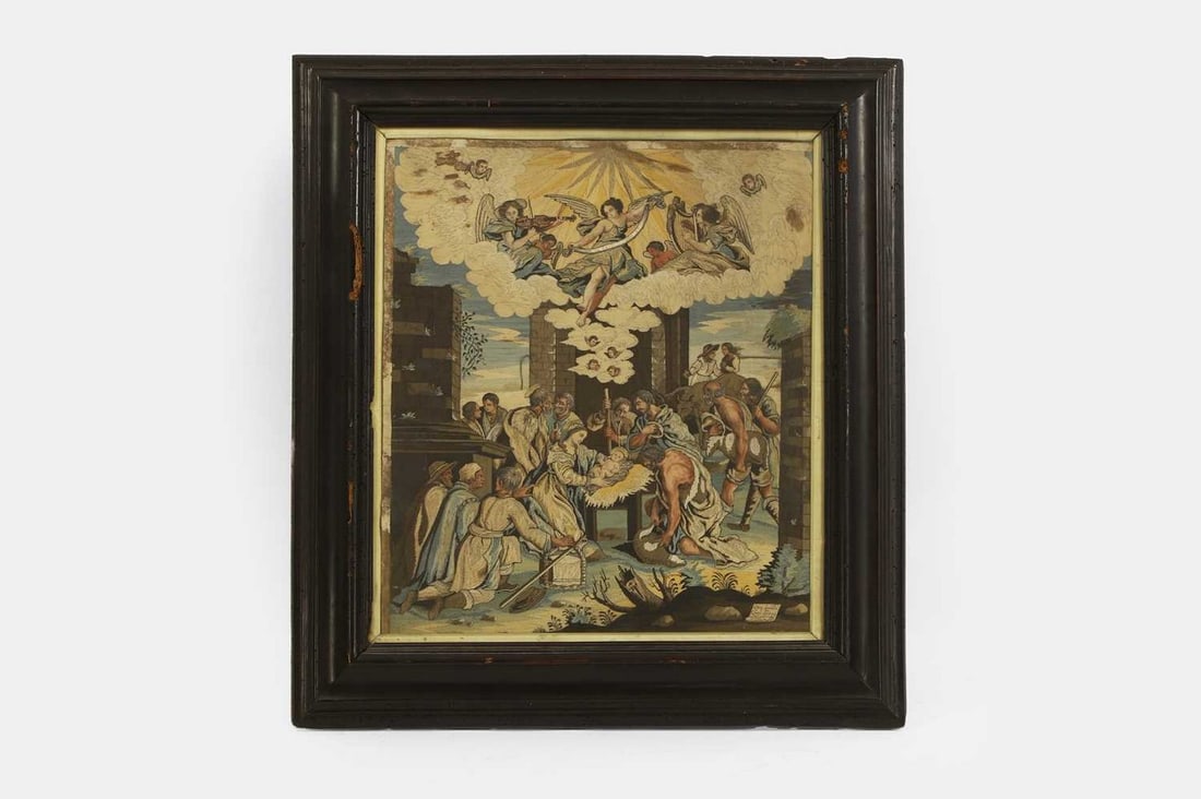 A biblical silk embroidered picture, probably first half of the 18th century, Italian, (1 of 2)