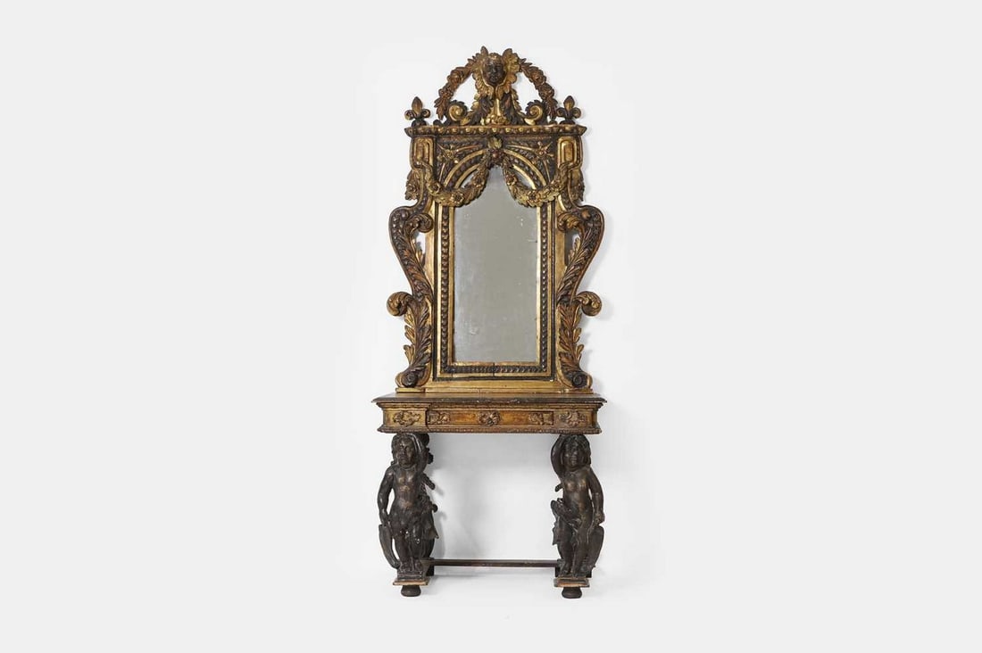A Renaissance-style painted and parcel-gilt wooden mirror and console table, probably 19th century (1 of 3)