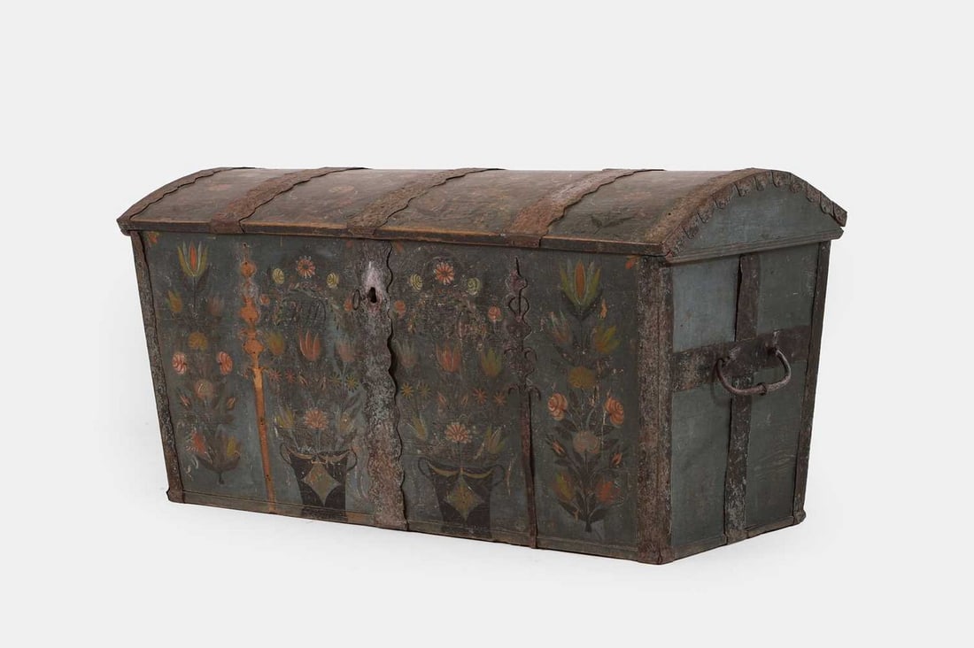 A painted marriage chest, dated 1830, probably Scandinavian, (1 of 5)