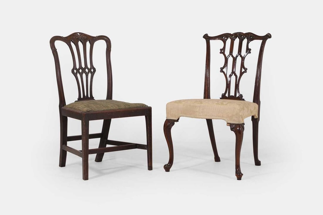 Two George III mahogany side chairs, 18th century and later, (1 of 3)