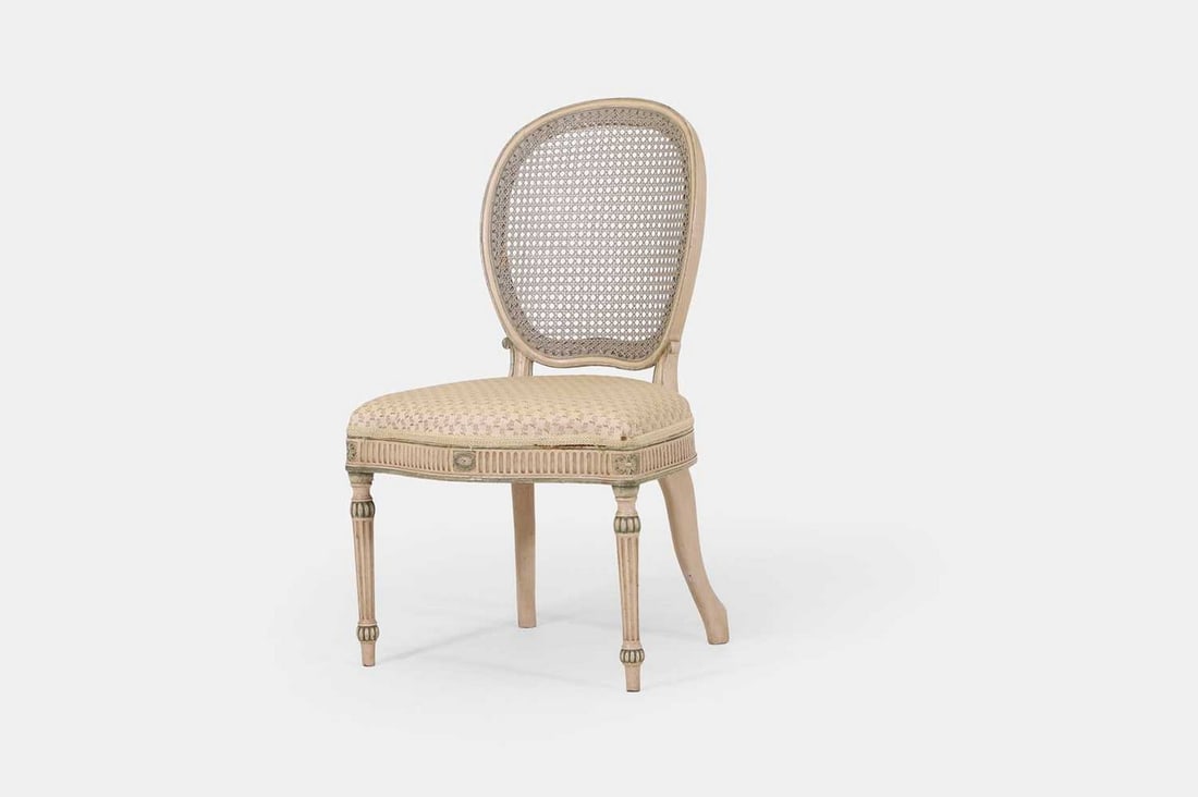 A George III painted beech side chair, circa 1775, attributed to Ince & Mayhew, (1 of 3)