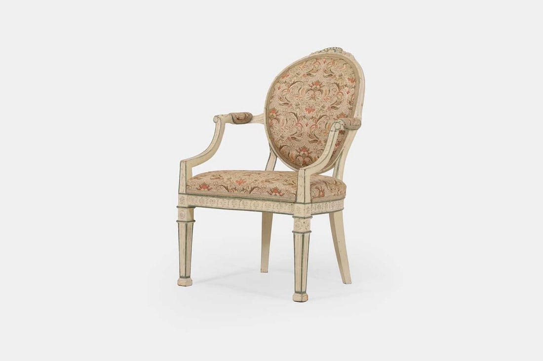 A late George III painted beech armchair, circa 1780, (1 of 3)