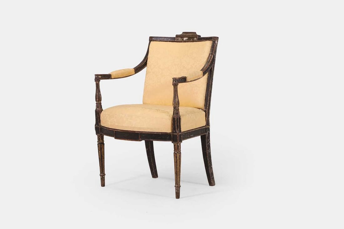A Regency painted and parcel-gilt beech armchair, circa 1800, (1 of 3)
