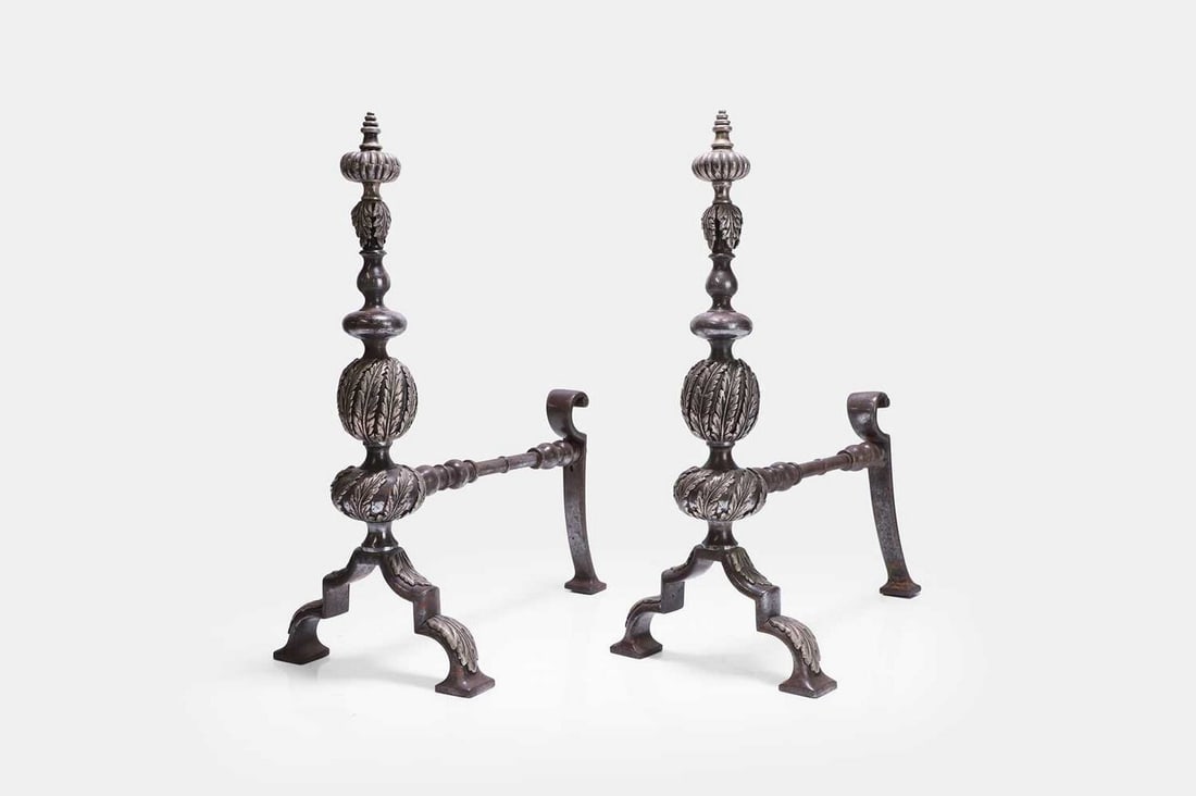 A pair of Charles II-style steel and silvered-metal andirons, 19th century, (1 of 3)