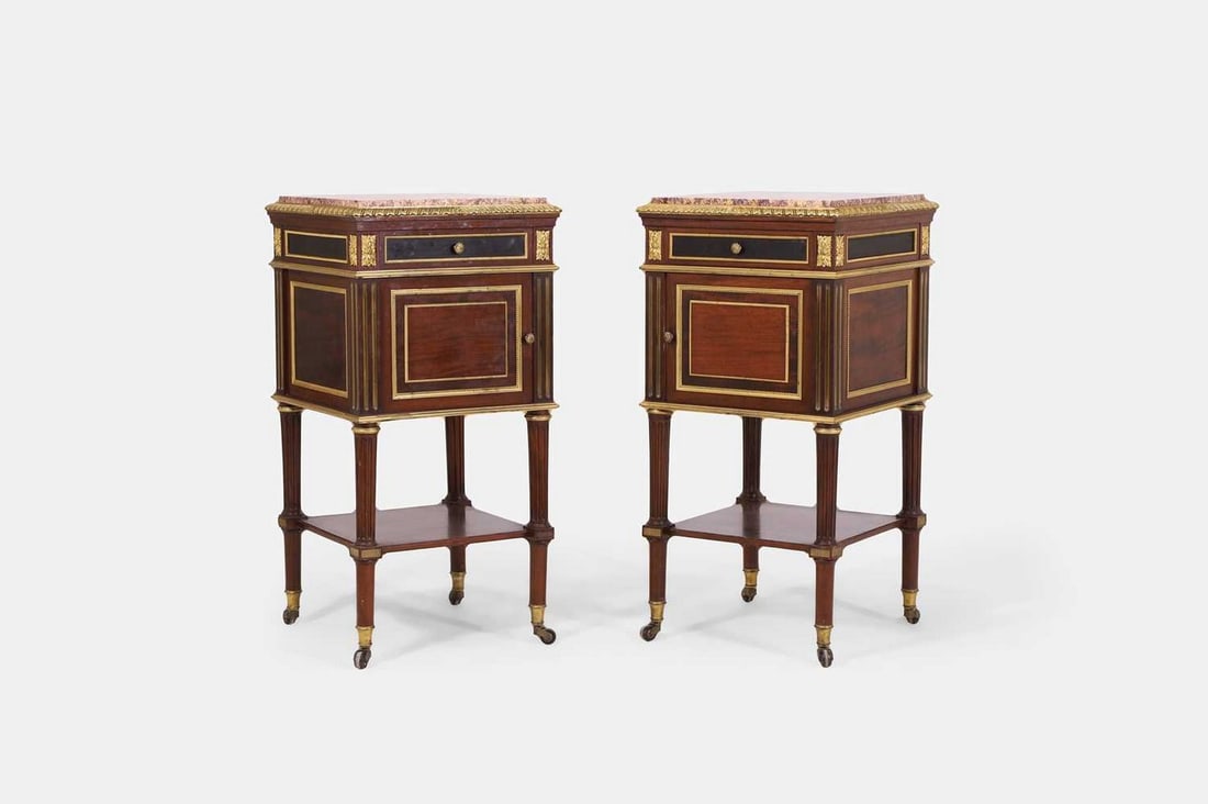 A pair of Louis XVI-style mahogany and ormolu bedside tables, late 19th century, French, (1 of 4)