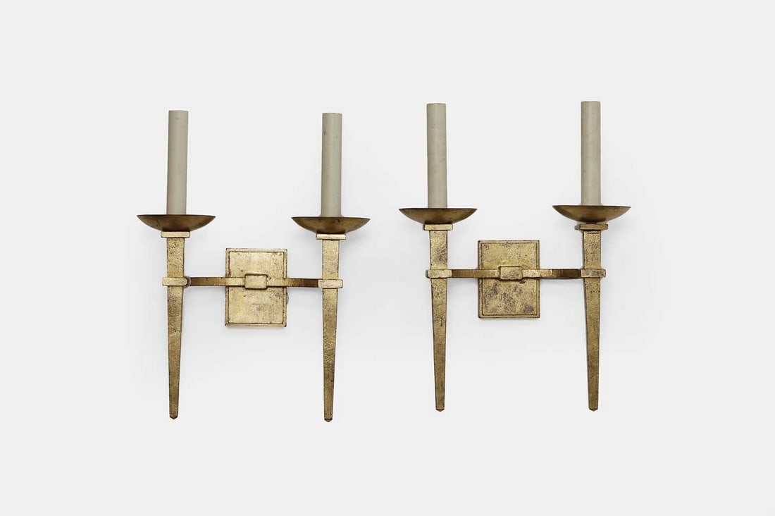 A pair of modernist gilt-metal wall lights, of recent manufacture, (1 of 3)