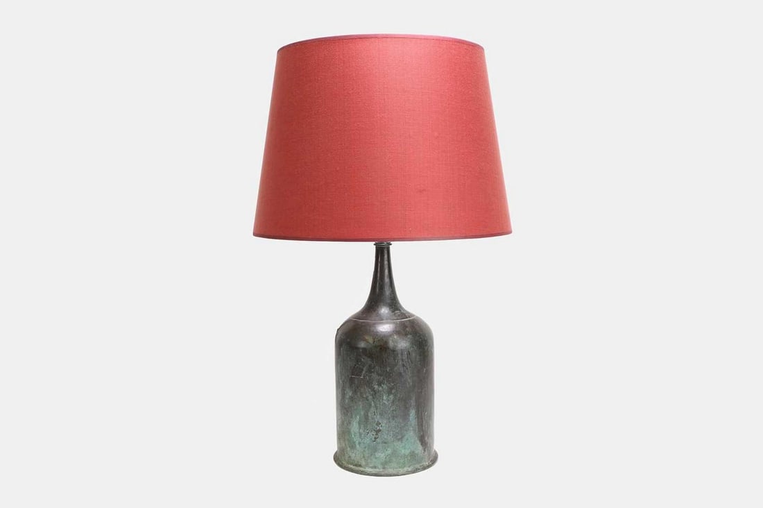 A patinated bronze vase lamp, late 18th century, Chinese,: A patinated bronze vase lamp, late 18th century, Chinese, of mallet shape, with a slender neck, fitted with a red linen shade (20cm diameter, 38cm high) Provenance: The Richard Collins Collection; sup