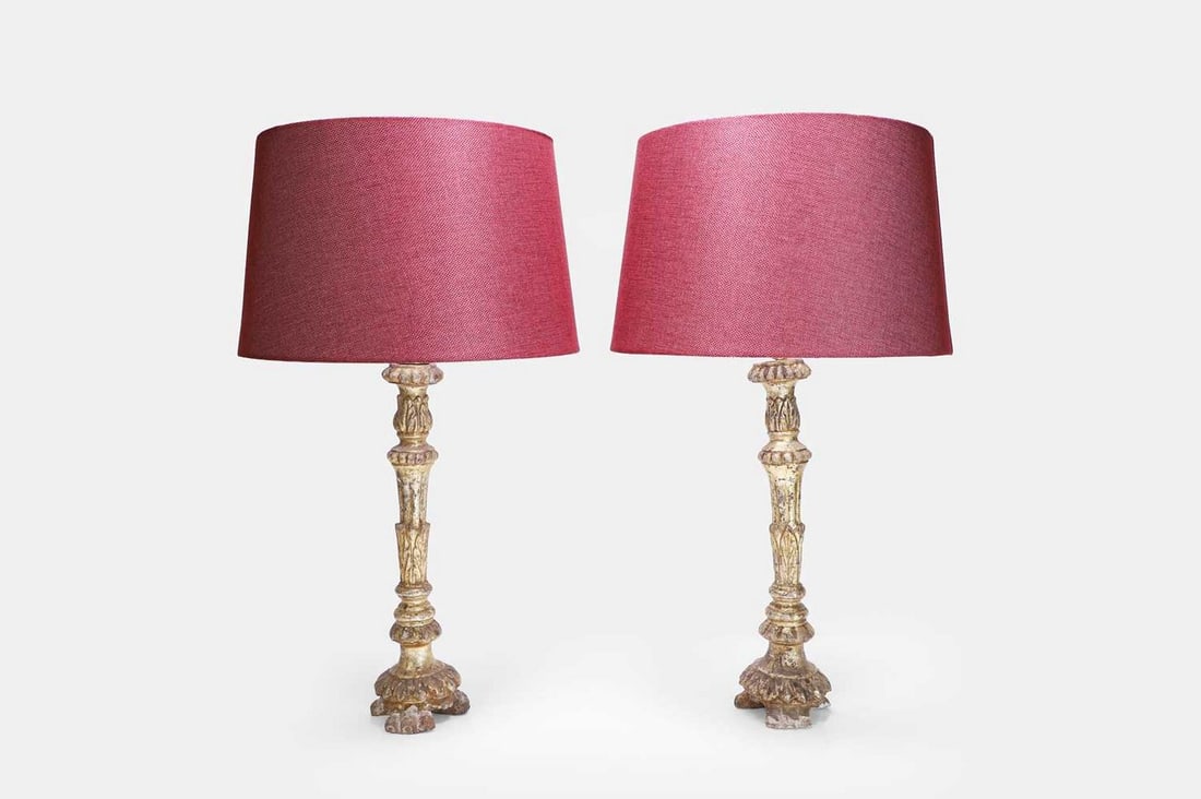 A pair of rococo carved giltwood candlestick lamps, early 20th century, Italian, (1 of 3)