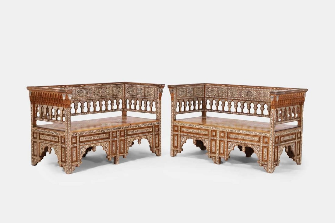 A pair of hardwood and ivory-inlaid settees, late 19th/early 20th century, Syrian, Damascus, (1 of 4)