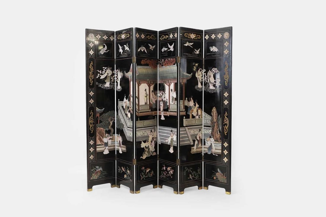A chinoiserie lacquer folding screen, 20th century, (1 of 4)