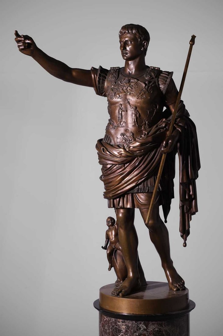 Augusto Röhrich (Italian, 19th century), Augustus of Prima Porta,: Augusto Röhrich (Italian, 19th century), Augustus of Prima Porta, a large patinated bronze figure, marked to the base 'A. Röhrich, Roma', raised on a rotating red marble column (47cm wide, 5