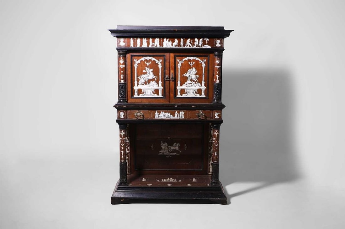 A rosewood, ebonised, ivory and bone-inlaid cabinet, mid-19th century, probably Northern Italian, (1 of 6)