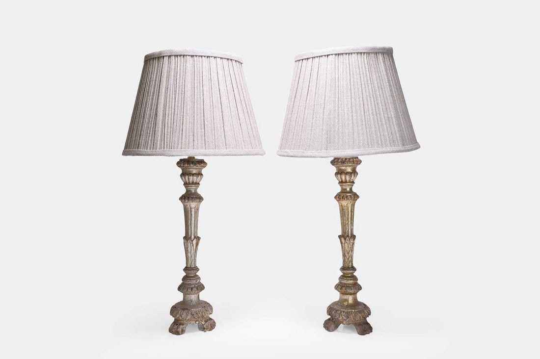 A pair of rococo giltwood candlestick lamps, early 20th century, Italian, (1 of 3)