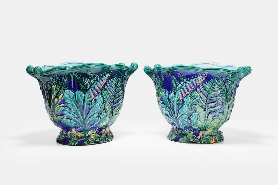 A pair of majolica jardinières, 19th century, in the style of Minton, (1 of 3)