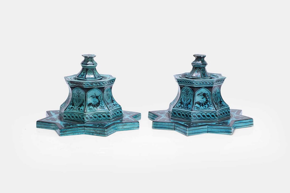 A pair of Iznik-style glazed earthenware inkwells and covers, late 19th century, by Samson & Cie, (1 of 3)