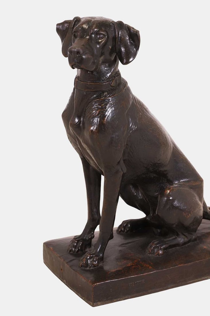After Henri Alfred Jacquemart, 20th century, a bronzed cast iron figure of a hound, (1 of 3)