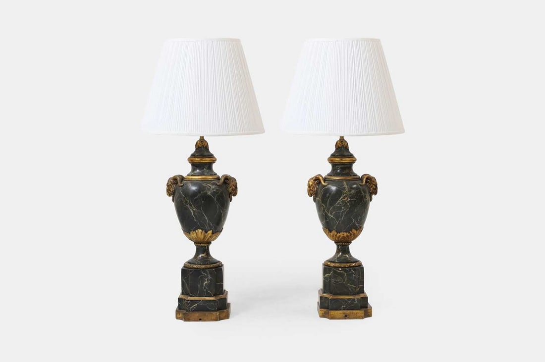 A pair of verde antico imitation marble table lamps, circa 1940s, (1 of 3)