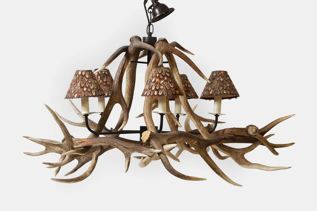 A stag antler five-light chandelier, of recent manufacture, (1 of 2)