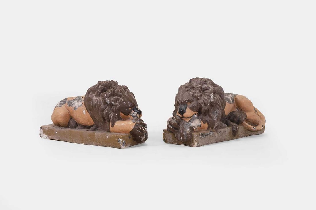 A pair of composition stone Canova lions, 20th century, (1 of 3)