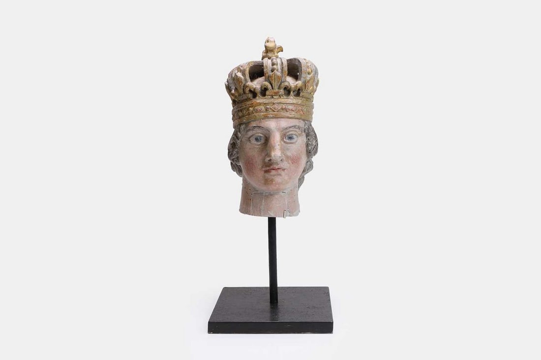 A carved wooden bust of a king, 18th century, probably French, (1 of 4)