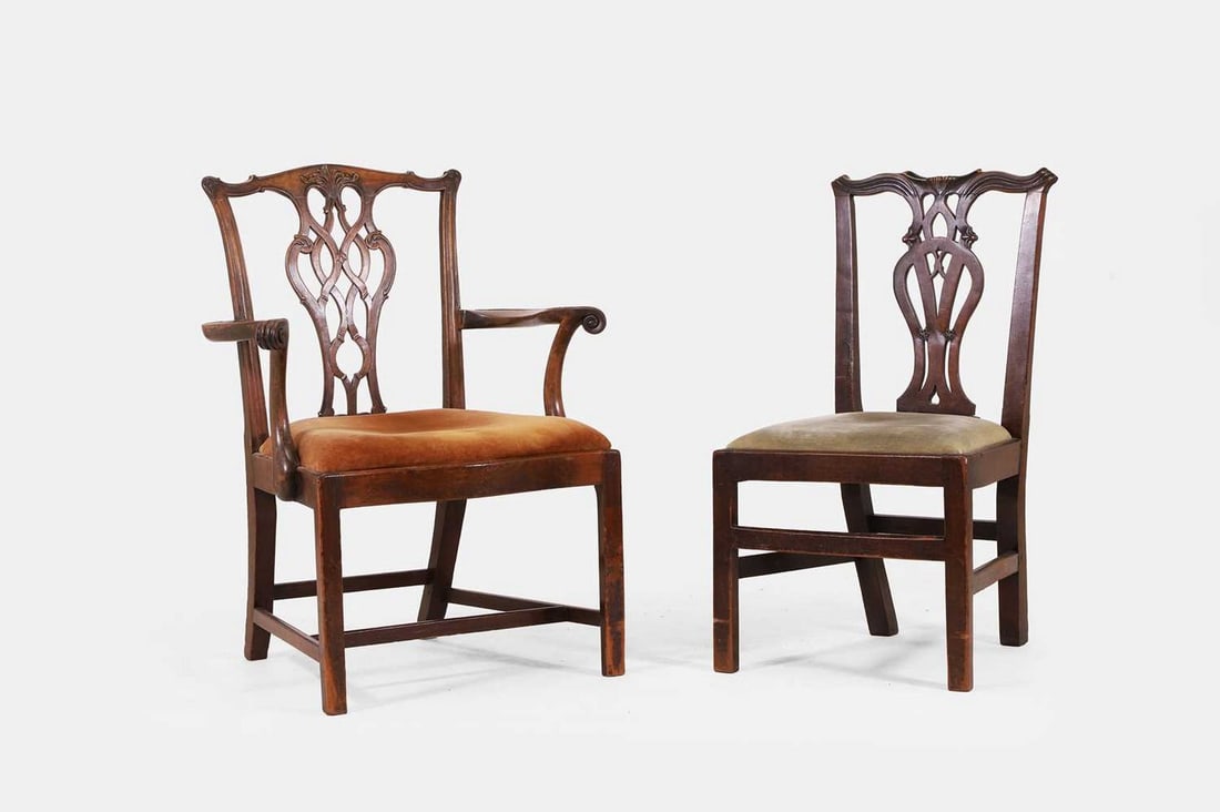 A George III mahogany elbow chair and dining chair, circa 1780, (1 of 4)