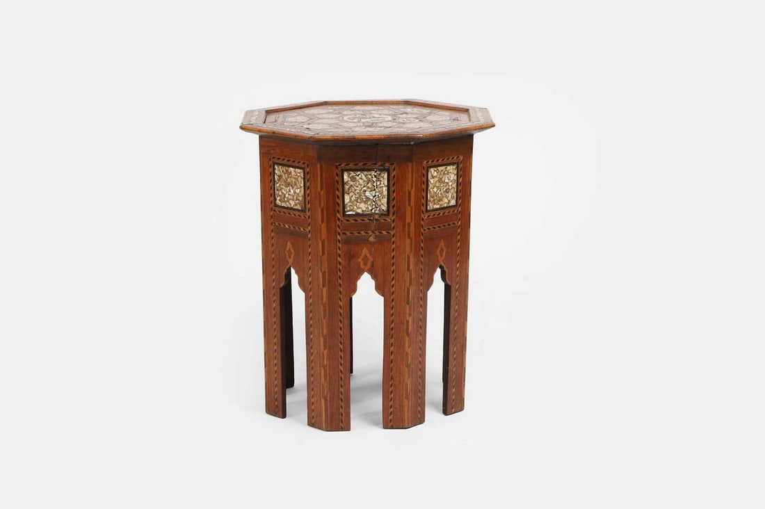 A fruitwood, mother-of-pearl and marquetry octagonal table, circa 1900, Syrian, Damascus, (1 of 4)