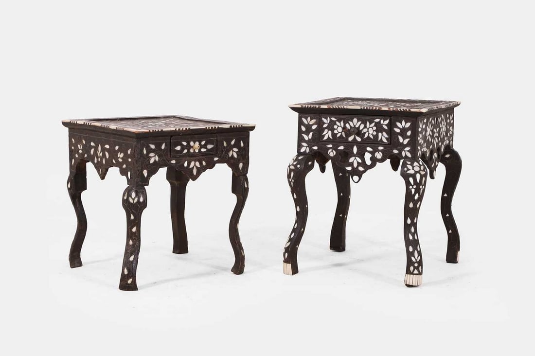 A near pair of bone-inlaid low tables, late 19th/early 20th century, Syrian, (1 of 4)