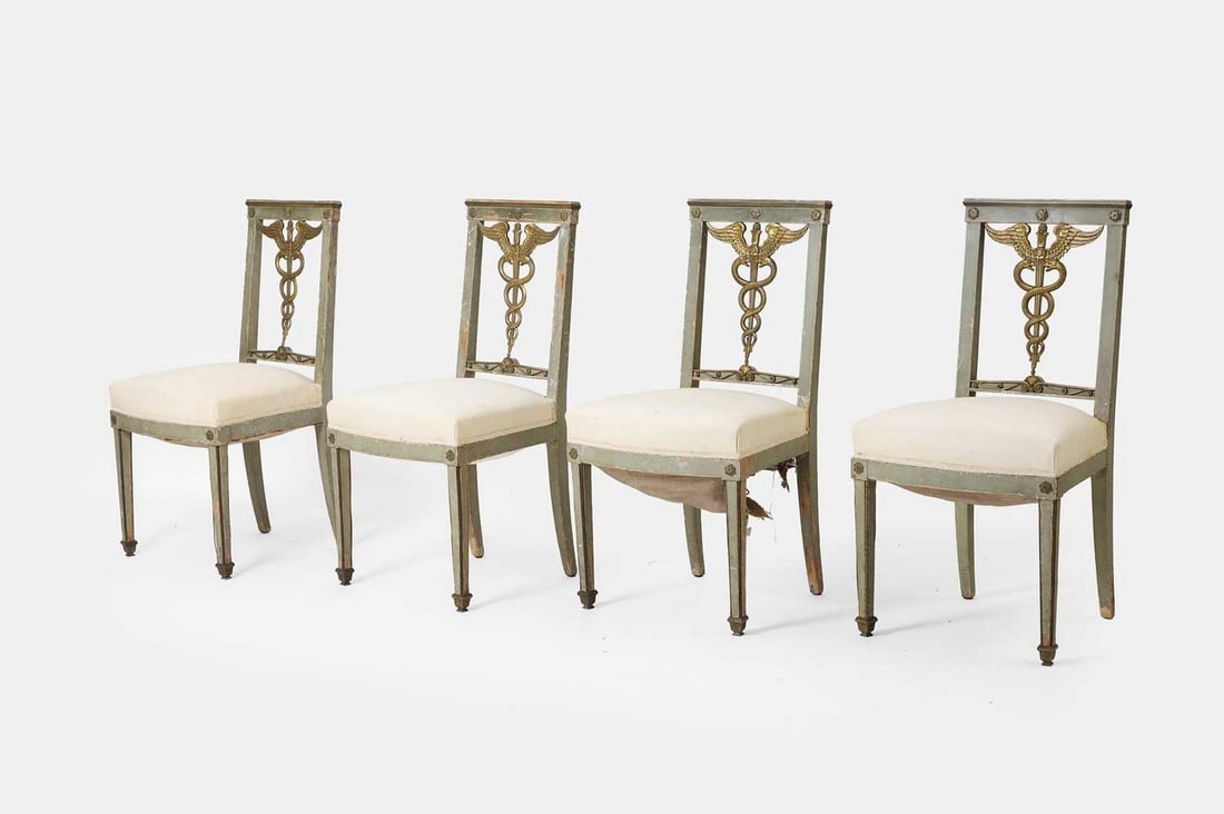 A set of four neoclassical painted wooden side chairs, 19th century, (1 of 3)