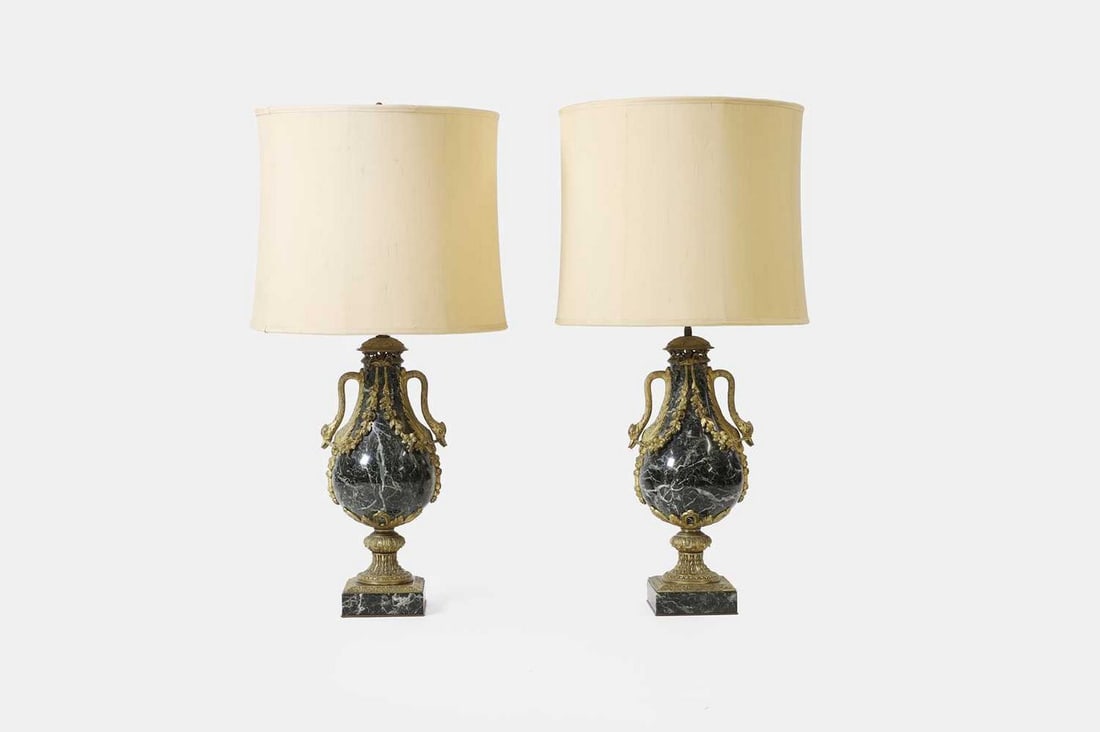 A pair of Louis XVI-style green marble and ormolu table lamps, 19th century, French, (1 of 3)