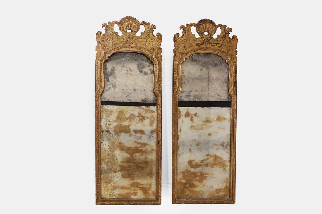 A pair of large Queen Anne-style giltwood and gesso pier mirrors, in the manner of John Belchier, (1 of 5)