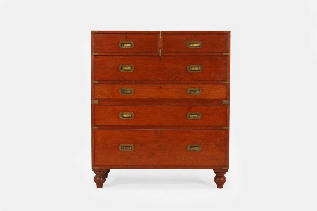 A Victorian teak and brass-bound campaign chest, mid-19th century, (1 of 4)