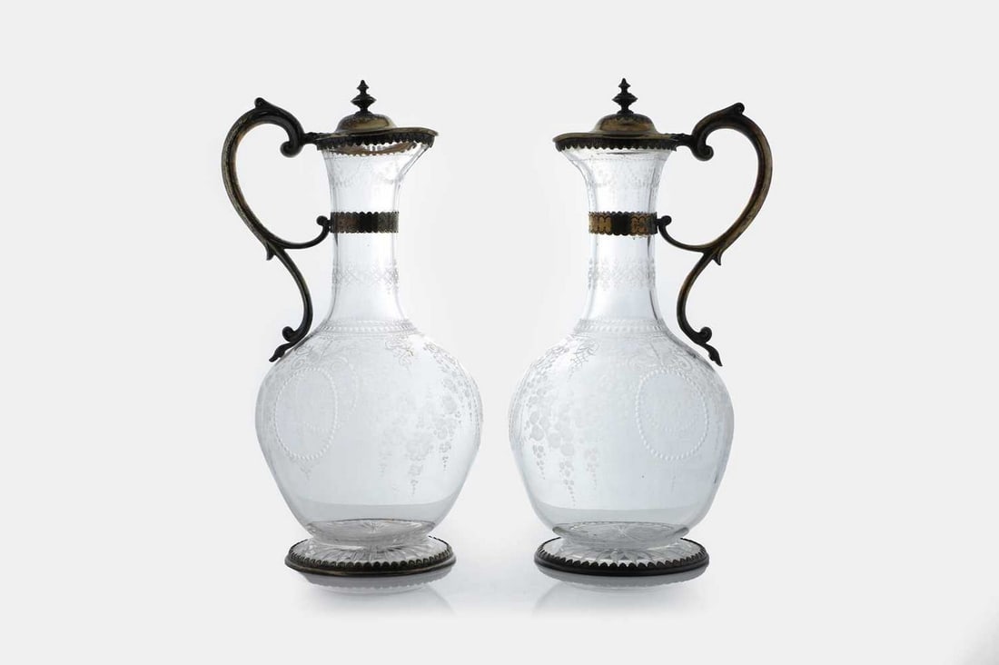 A pair of Victorian etched glass and silver-gilt-mounted claret jugs, the silver by John Wilmin (1 of 3)