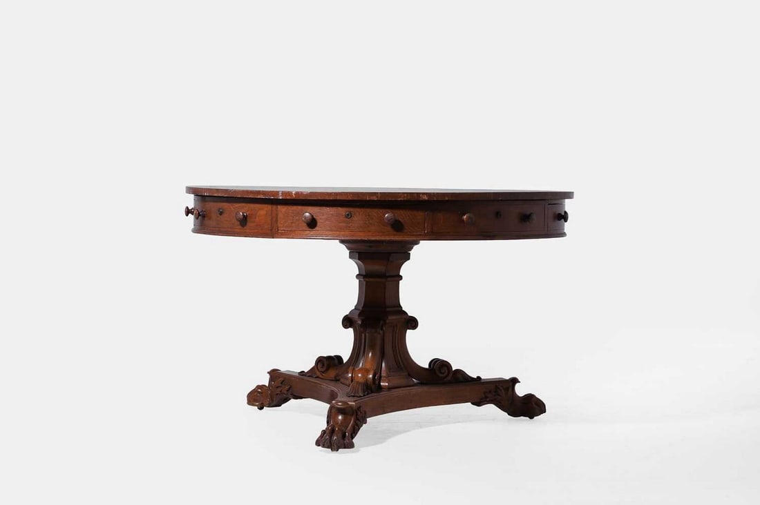 A William IV golden oak drum library table by Gillows, circa 1835, (1 of 4)