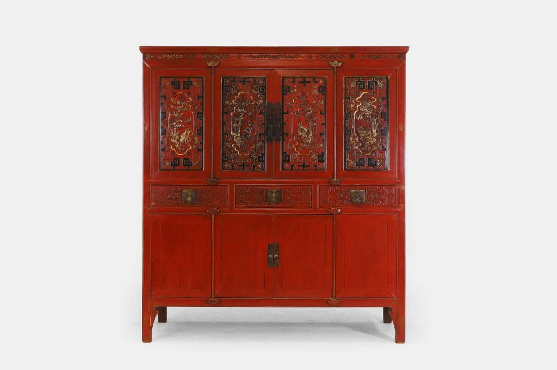 A red and gilt-lacquer wedding cabinet, 19th century, Chinese, (1 of 5)