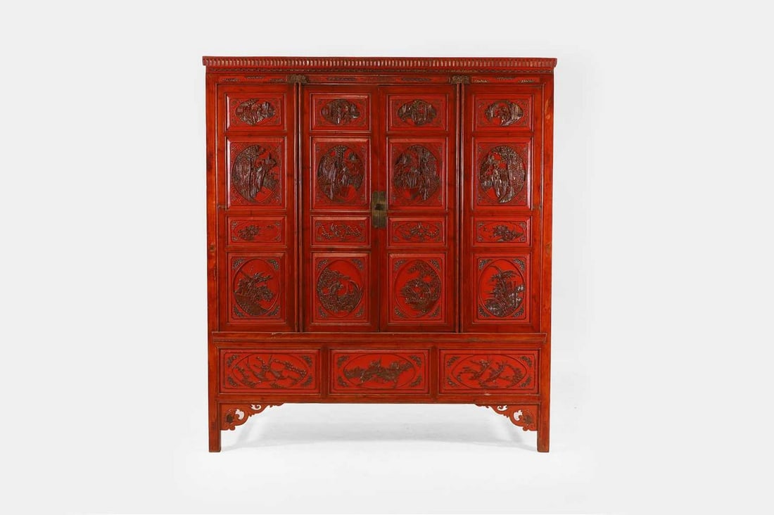 A red lacquer wedding cabinet, 19th century, Chinese, (1 of 5)