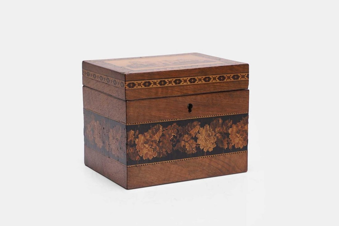 A walnut Tunbridge ware tea caddy, 19th century, (1 of 4)