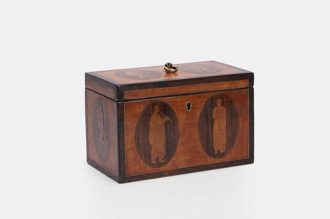 An inlaid satinwood tea caddy, late 18th/early 19th century, (1 of 3)