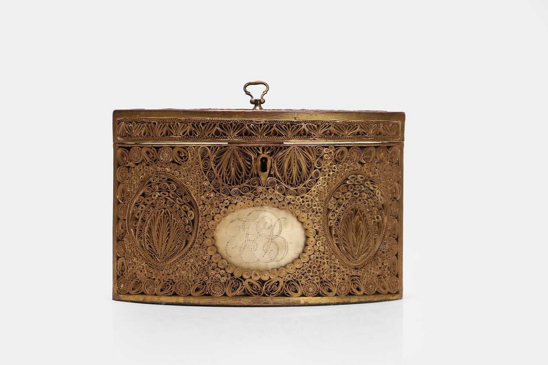 A George III paper scroll tea caddy, late 18th century, (1 of 3)