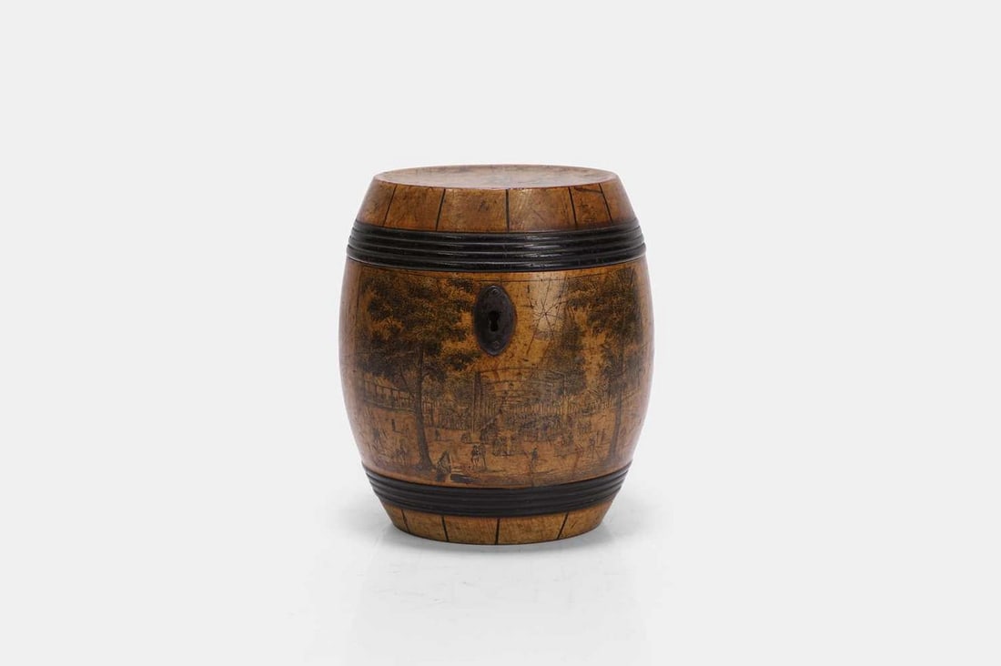 A fruitwood barrel tea caddy, late 18th/early 19th century, possibly German, (1 of 4)