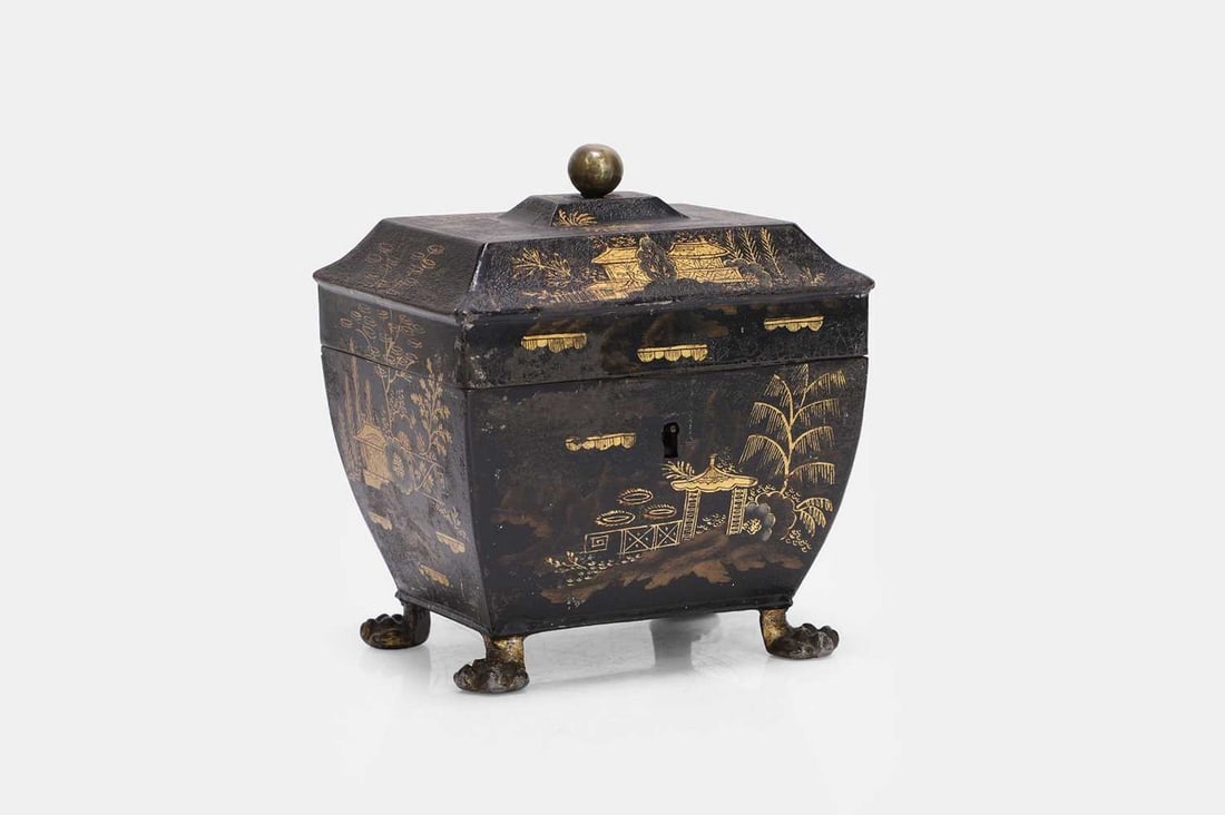 A Regency japanned or toleware tea caddy, early 19th century, (1 of 3)