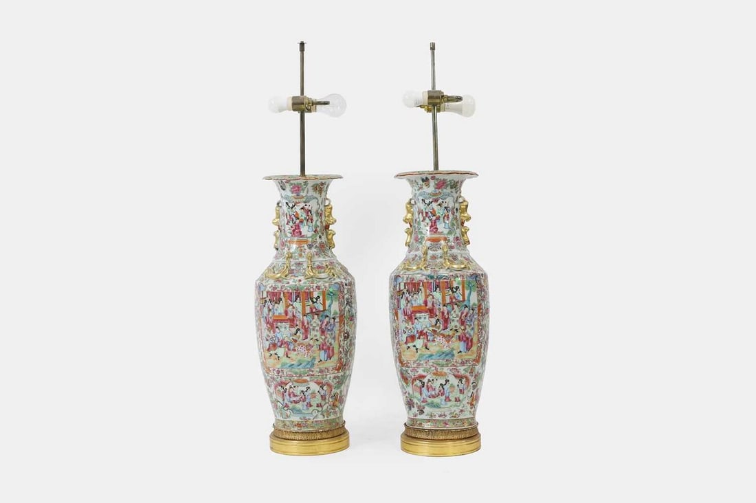 A pair of large Canton famille rose porcelain vase lamps, 19th century, (1 of 3)
