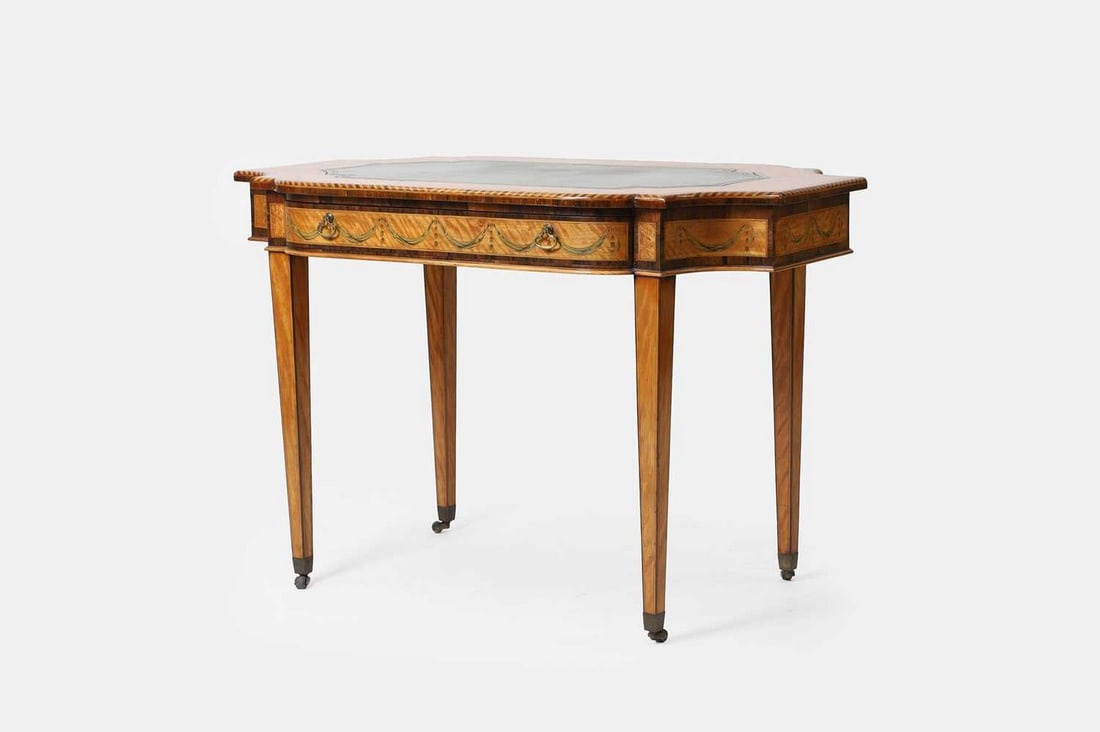A George III-style satinwood, rosewood and marquetry writing table, late 19th century, (1 of 4)