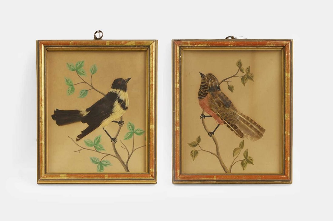 A pair of feather pictures, 19th century, (1 of 5)