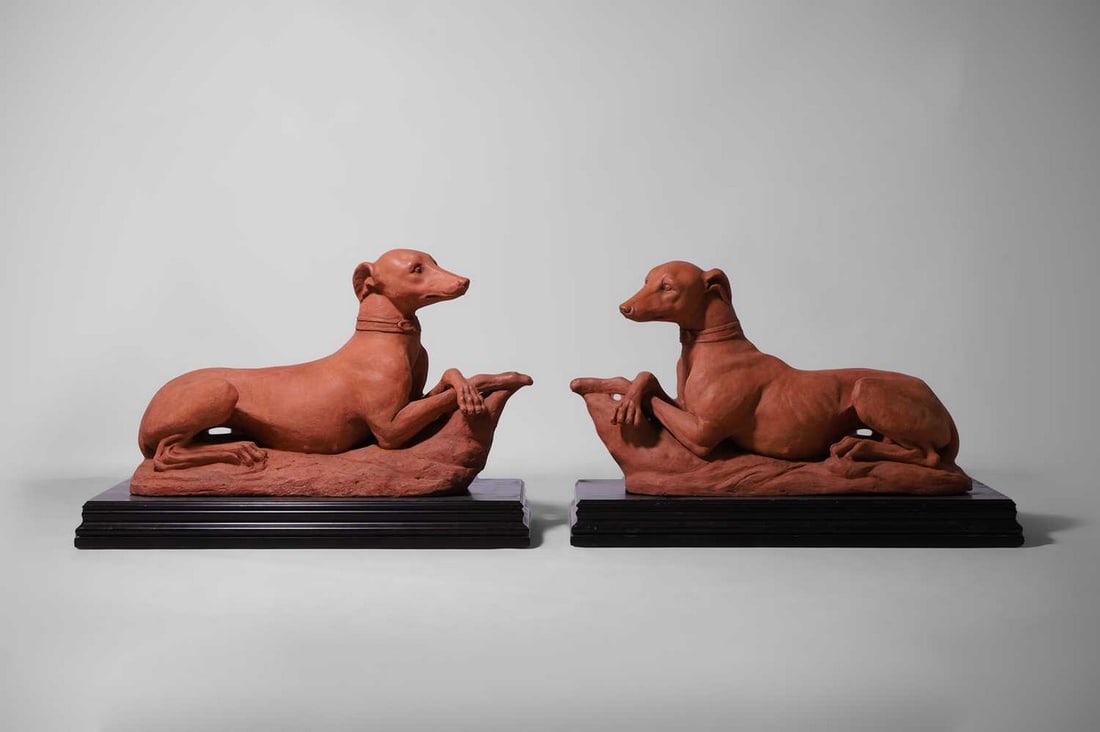 A pair of terracotta whippets, late 19th century, Italian, (1 of 5)