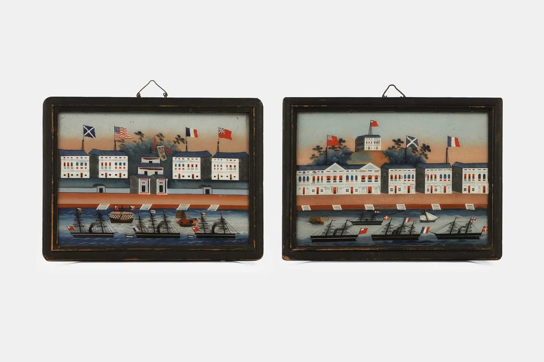 A pair of reverse glass 'port' paintings, Qing dynasty, Chinese, Canton, (1 of 5)