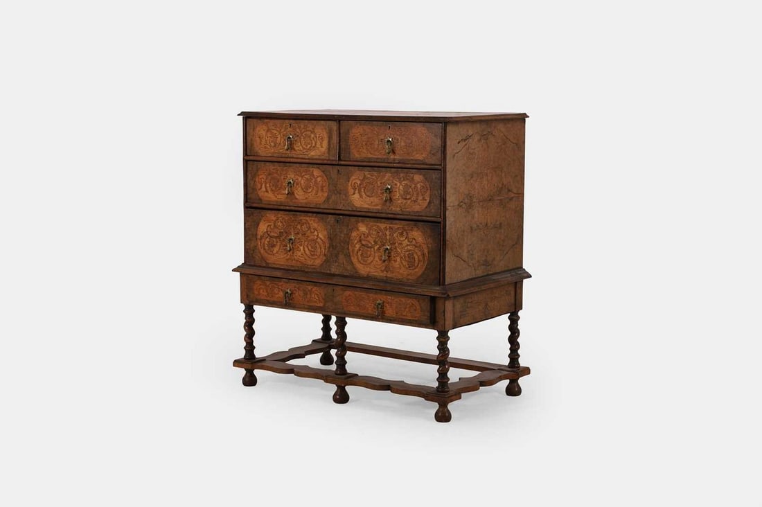 A William and Mary walnut and seaweed marquetry chest-on-stand, circa 1700, (1 of 4)