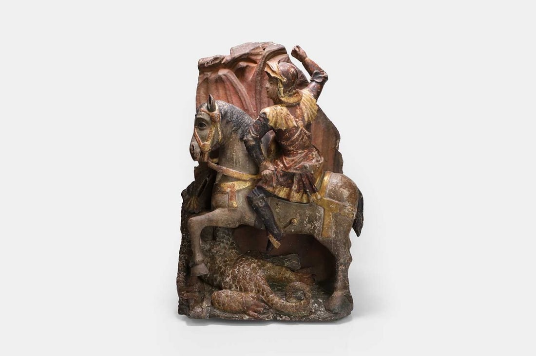 A carved wooden figure of St George and the Dragon, probably 17th century, Continental, (1 of 4)