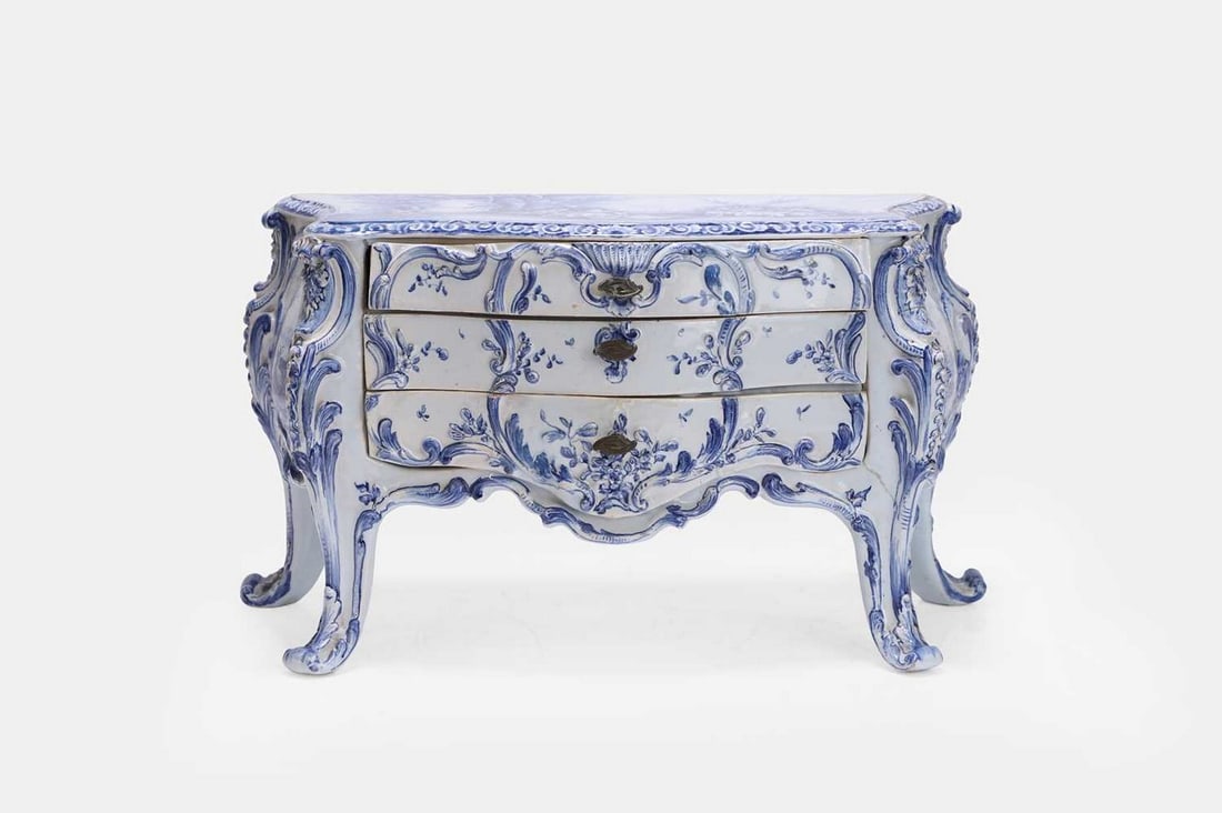 A delft miniature commode, 18th century, Dutch, probably by the De Twee Scheepjes factory, (1 of 5)